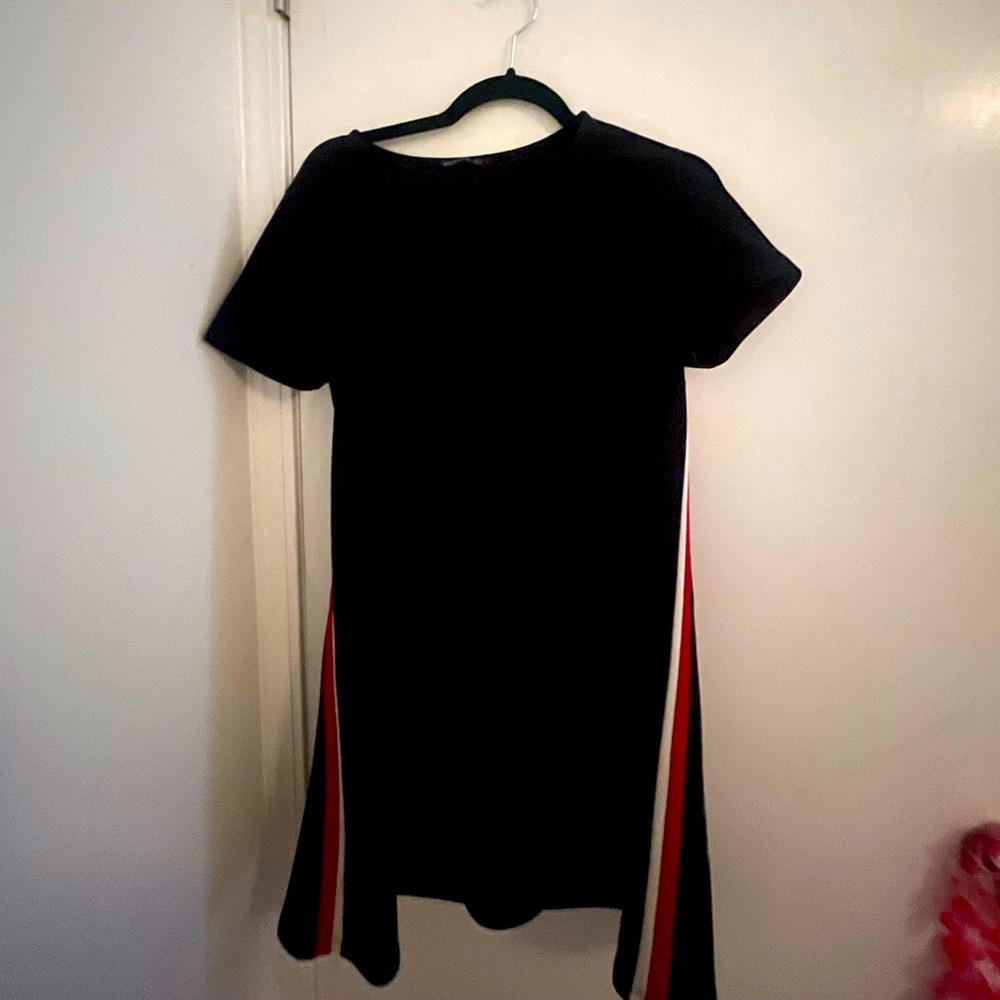 Little black dress with red and white stripes on the side
